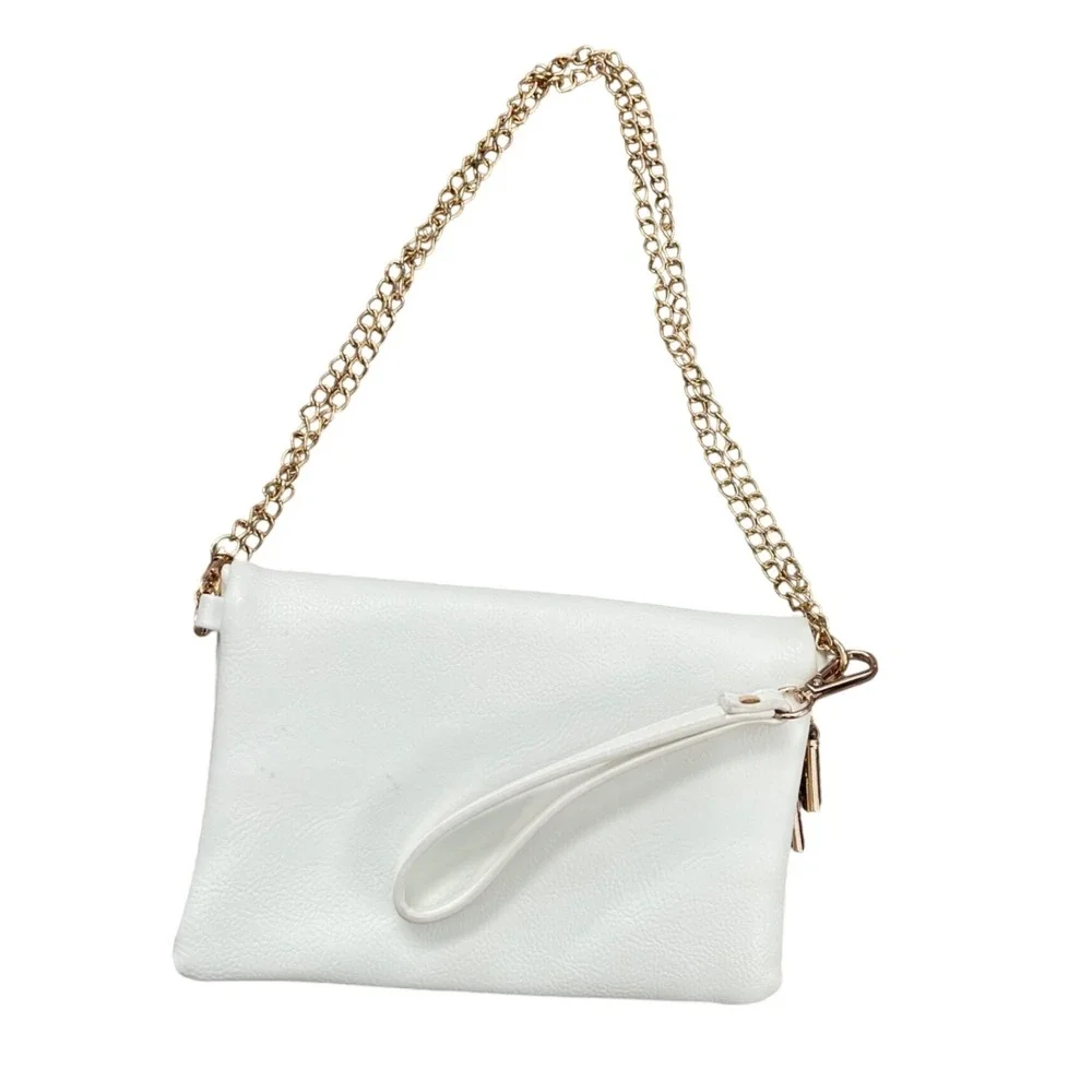 White Convertible Clutch Crossbody Bag Gold Chain Strap Wristlet Purse‎
